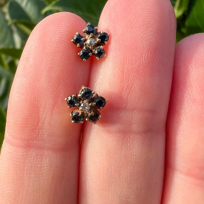 Vintage 9ct Gold Sapphire Cluster Earrings | Elegant Floral Studs | Classic Blue Gemstone Jewelry | Gift for Her