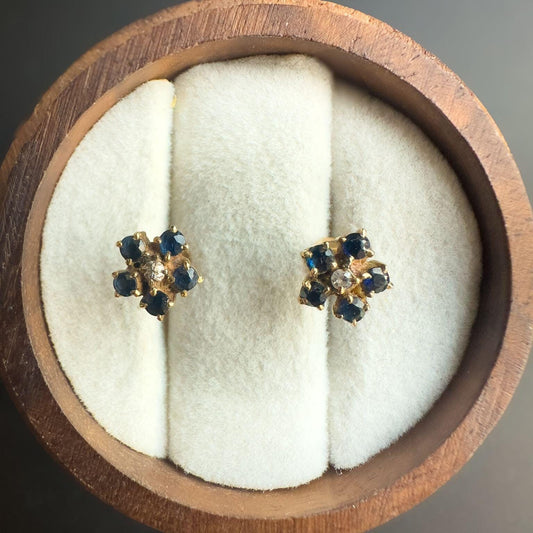 Vintage 9ct Gold Sapphire Cluster Earrings | Elegant Floral Studs | Classic Blue Gemstone Jewelry | Gift for Her