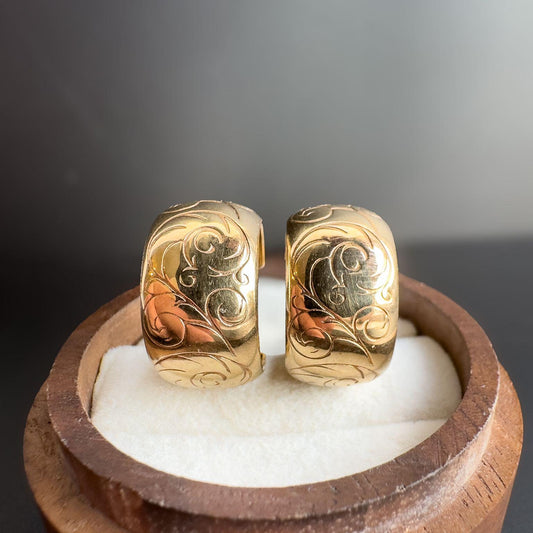 Vintage 9ct Gold Engraved Hoop Earrings | Bold Floral Patterned Huggies | Classic Statement Jewelry | Gift for Her| Hallmarks |