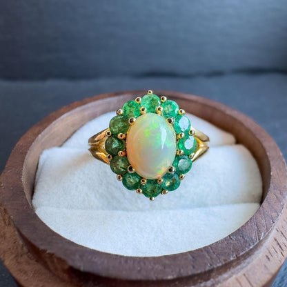 Vintage 9ct Solid Gold Opal and Emerald Cluster Ring | Unique Gemstone Statement Ring | English Hallmarks | UK K 1/2 -US 5.5 | Resizable