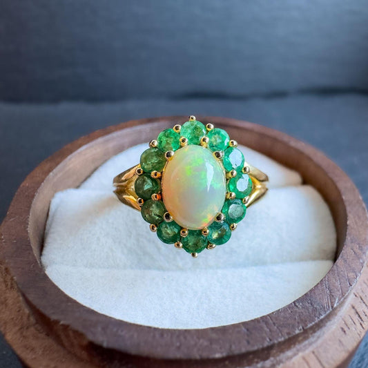 Vintage 9ct Solid Gold Opal and Emerald Cluster Ring | Unique Gemstone Statement Ring | English Hallmarks | UK K 1/2 -US 5.5 | Resizable