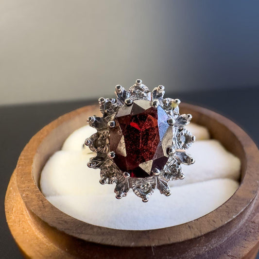 Vintage 9ct Gold Garnet & Diamond Halo Ring | English Hallmarked Cocktail Ring | Elegant Statement Jewelry | UK Size T - US 9.5 | Resizable