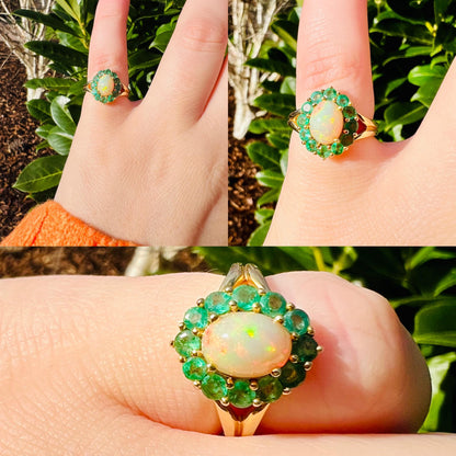 Vintage 9ct Solid Gold Opal and Emerald Cluster Ring | Unique Gemstone Statement Ring | English Hallmarks | UK K 1/2 -US 5.5 | Resizable