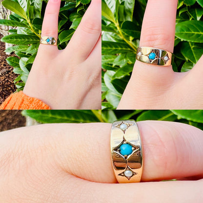Antique 15ct Solid Gold Turquoise And Pearl Gypsy Ring | Birmingham 1924 Hallmarked | UK L/2 - US 6 | Resizable | Victorian Era Jewelry |