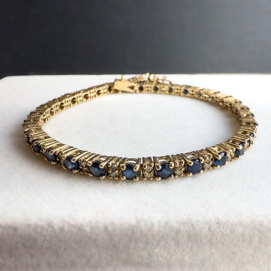 Vintage | 9ct Solid Gold Sapphire & Diamond Tennis Bracelet - Elegant Gold Tennis Bracelet - September Birthstone Gift | English Hallmarks