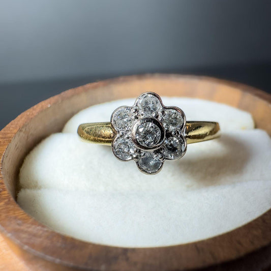 Vintage 18ct Solid Gold Diamond Daisy Flower Cluster Ring | Classic Statement Jewelry | English Hallmarks | UK K 1/2 - US 5.5 | Resizable