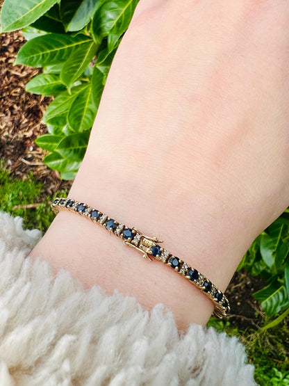 Vintage | 9ct Solid Gold Sapphire & Diamond Tennis Bracelet - Elegant Gold Tennis Bracelet - September Birthstone Gift | English Hallmarks