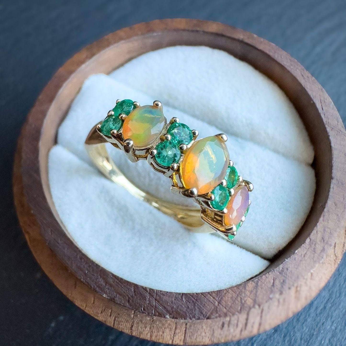 9ct Solid Gold Vintage Fire Opal and Emerald Ring | Vibrant Gemstone Band | Statement Jewelry | UK L - US 5.75 | English Hallmarked |