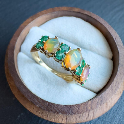 9ct Solid Gold Vintage Fire Opal and Emerald Ring | Vibrant Gemstone Band | Statement Jewelry | UK L - US 5.75 | English Hallmarked |