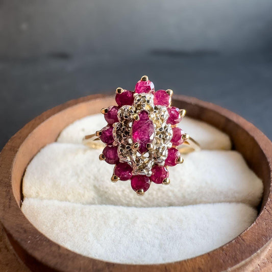 9ct Vintage Solid Gold Ruby and Diamond Cluster Ring | Bold Vintage Statement Jewelry | UK P- US 7.50 | English Hallmarked | Resizable |