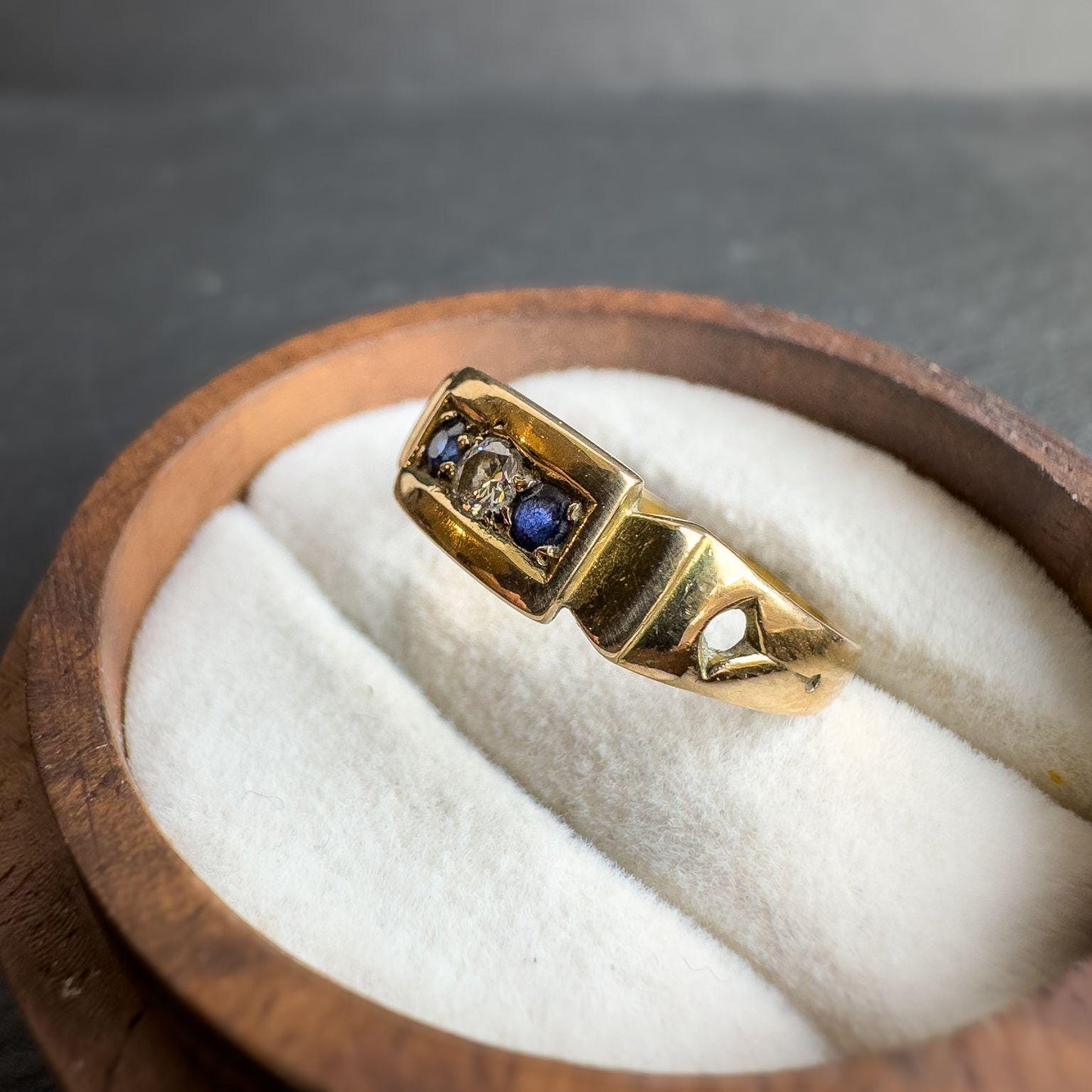 15ct Antique Solid Gold Sapphire and Diamond Gypsy Ring | Bold Mens or Unisex Jewelry | UK N 1/2 - US 7 | Victorian Ring | Resizable |