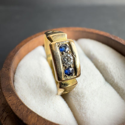 15ct Antique Solid Gold Sapphire and Diamond Gypsy Ring | Bold Mens or Unisex Jewelry | UK N 1/2 - US 7 | Victorian Ring | Resizable |