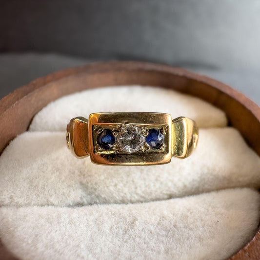15ct Antique Solid Gold Sapphire and Diamond Gypsy Ring | Bold Mens or Unisex Jewelry | UK N 1/2 - US 7 | Victorian Ring | Resizable |