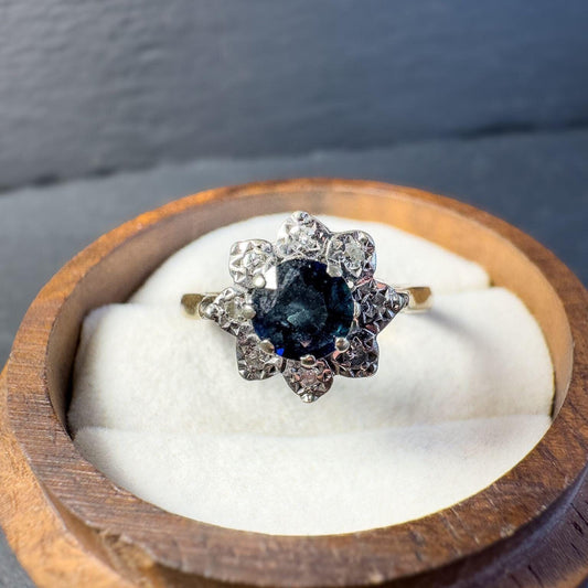 Vintage 9ct Gold Sapphire and Diamond Ring | Birmingham 1975's Hallmark |  Floral Cluster Design | UK N 1/2 | Resizable |
