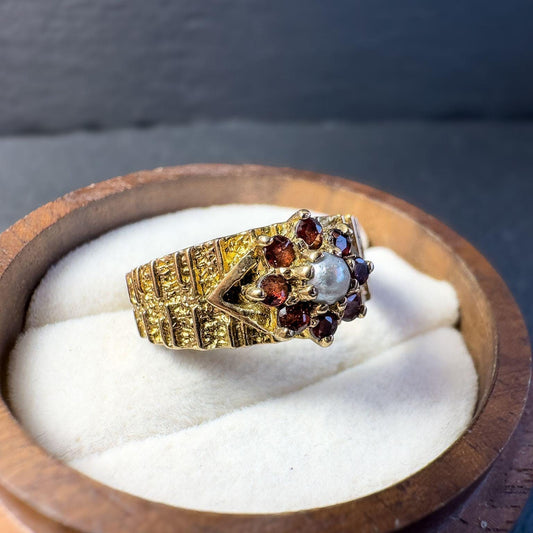 Vintage 1950s 9ct Gold Garnet and Pearl Statement Ring | London Hallmarked |  Statement Jewelry | Mid-Century Design | UK M | Resizable |