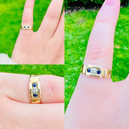 15ct Antique Solid Gold Sapphire and Diamond Gypsy Ring | Bold Mens or Unisex Jewelry | UK N 1/2 - US 7 | Victorian Ring | Resizable |