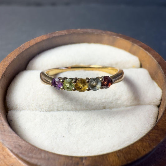 Vintage 9ct Gold Rainbow Gemstone Band Ring | English Hallmark | Multi-Color Gemstone Design | UK M | Resizable |