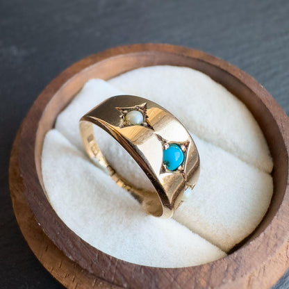 Antique 15ct Solid Gold Turquoise And Pearl Gypsy Ring | Birmingham 1924 Hallmarked | UK L/2 - US 6 | Resizable | Victorian Era Jewelry |