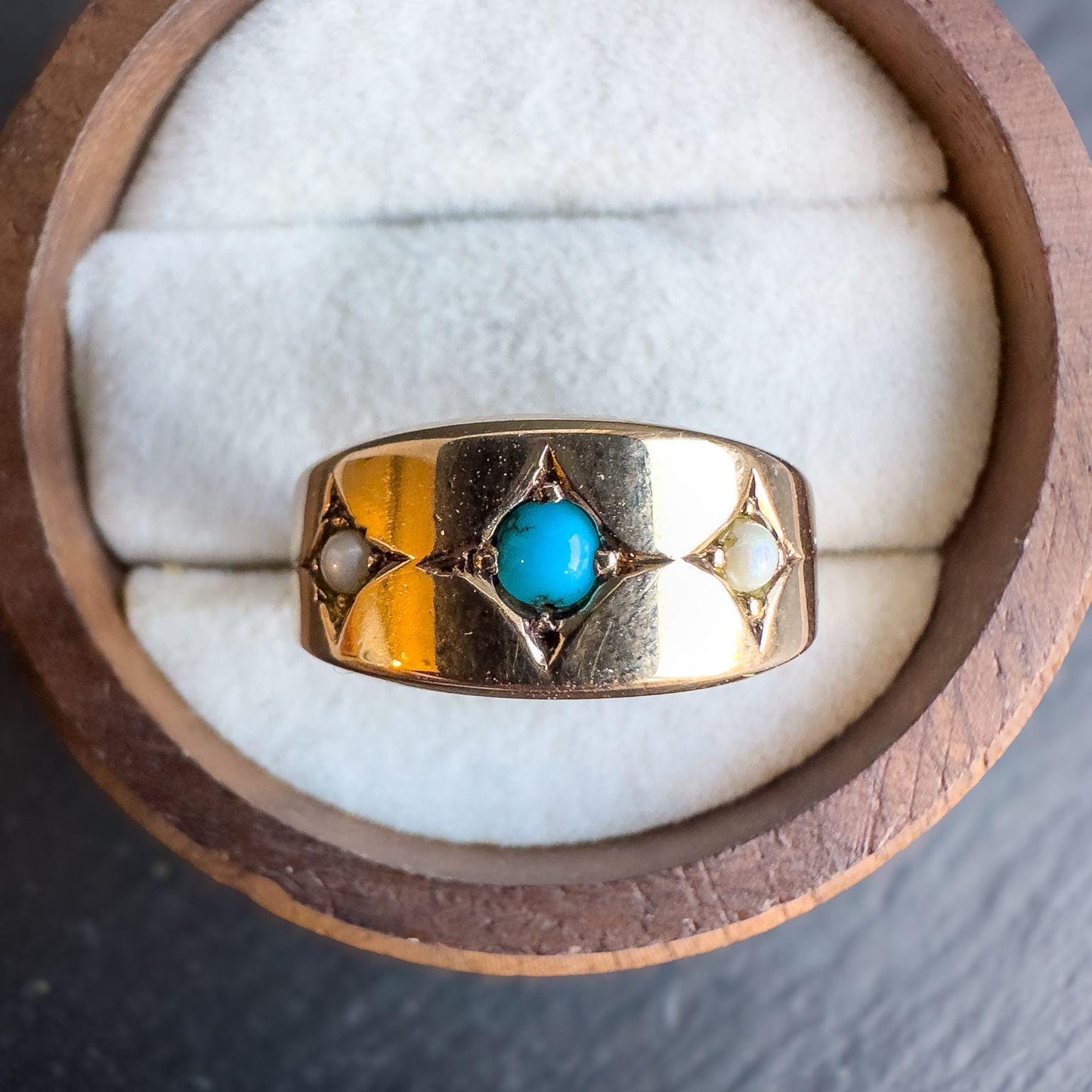 Antique 15ct Solid Gold Turquoise And Pearl Gypsy Ring | Birmingham 1924 Hallmarked | UK L/2 - US 6 | Resizable | Victorian Era Jewelry |