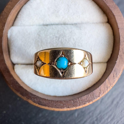 Antique 15ct Solid Gold Turquoise And Pearl Gypsy Ring | Birmingham 1924 Hallmarked | UK L/2 - US 6 | Resizable | Victorian Era Jewelry |