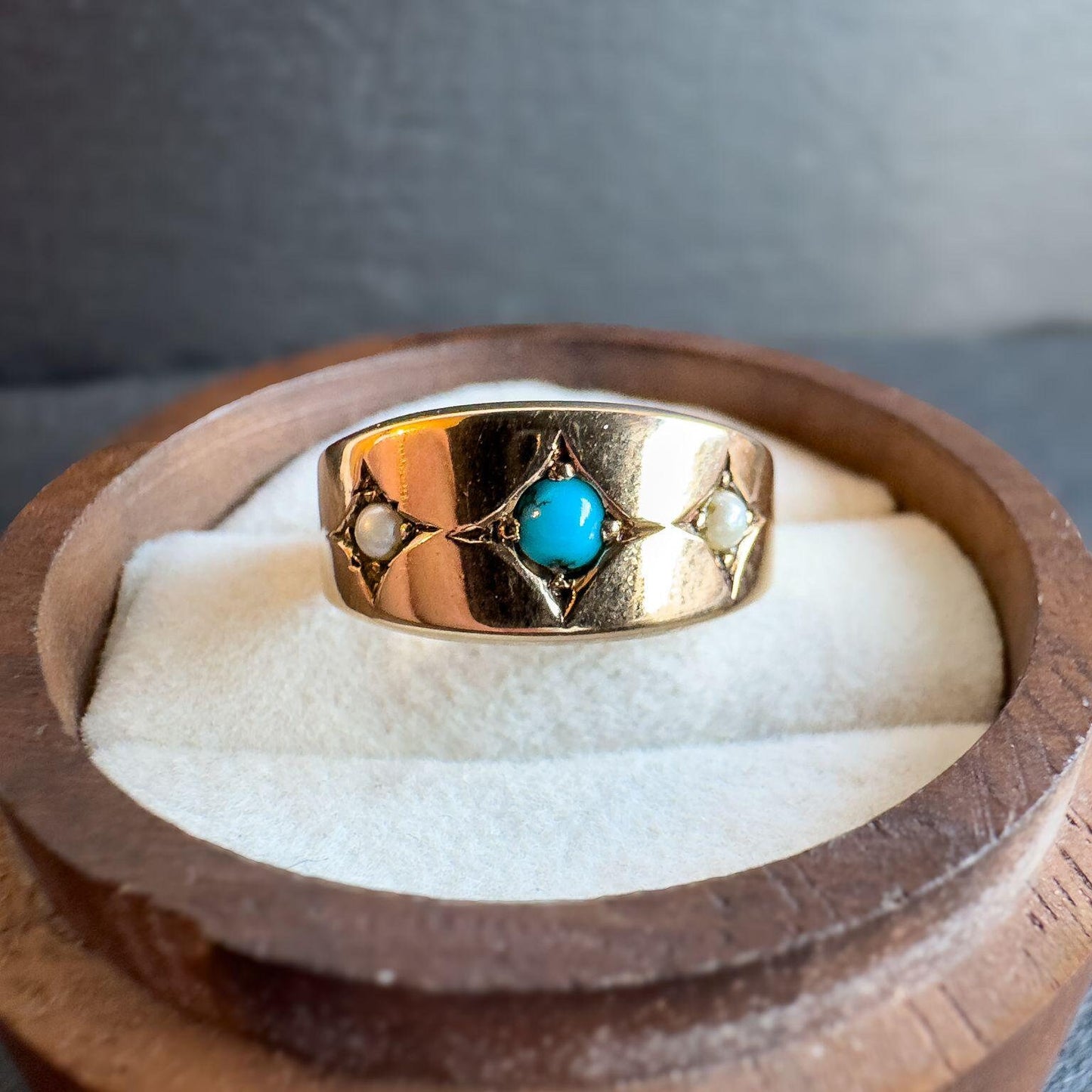 Antique 15ct Solid Gold Turquoise And Pearl Gypsy Ring | Birmingham 1924 Hallmarked | UK L/2 - US 6 | Resizable | Victorian Era Jewelry |