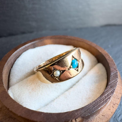 Antique 15ct Solid Gold Turquoise And Pearl Gypsy Ring | Birmingham 1924 Hallmarked | UK L/2 - US 6 | Resizable | Victorian Era Jewelry |