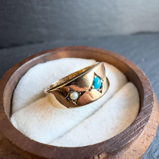 Antique 15ct Solid Gold Turquoise And Pearl Gypsy Ring | Birmingham 1924 Hallmarked | UK L/2 - US 6 | Resizable | Victorian Era Jewelry |