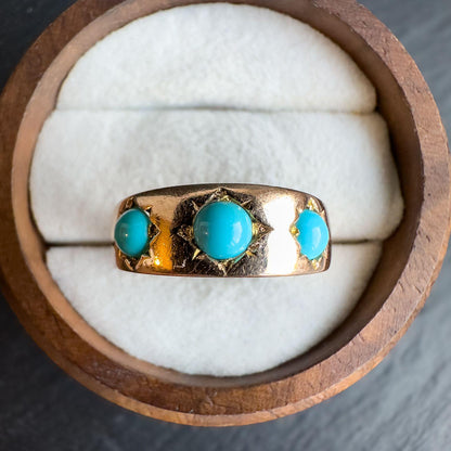 Vintage 14ct Gold Turquoise Gypsy Ring | Unique Victorian Era Gemstone Jewelry | UK L 1/2 - US 6 | Resizable |