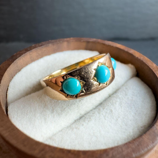 Vintage 14ct Gold Turquoise Gypsy Ring | Unique Victorian Era Gemstone Jewelry | UK L 1/2 - US 6 | Resizable |