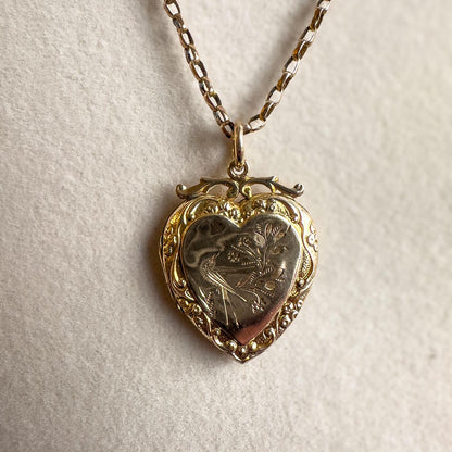 Antique 9ct Solid Gold | Victorian Engraved Heart Locket Pendant Necklace | Ornate Design | Solid Gold Belcher Chain |  Vintage Jewelry