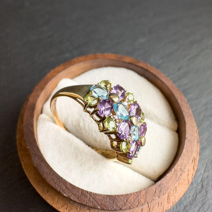 Vintage 9ct Gold Multi Stone Cluster Ring | Amethyst, Peridot, Topaz Gemstone Ring | UK T - US 9.5 | Resizable |