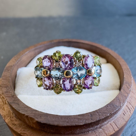 Vintage 9ct Gold Multi Stone Cluster Ring | Amethyst, Peridot, Topaz Gemstone Ring | UK T - US 9.5 | Resizable |