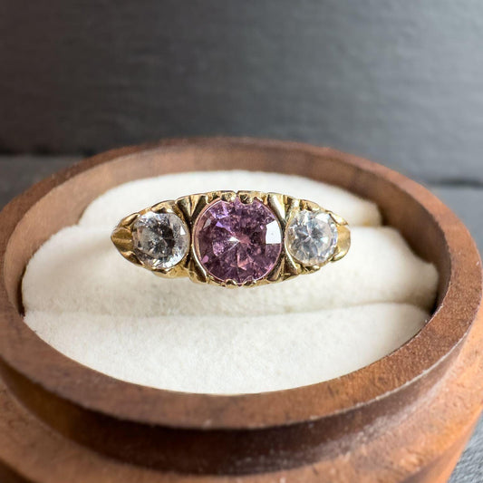Vintage 9ct Gold Pink & White Zirconia Trilogy Ring | Elegant Vintage Jewelry | UK P | Resizable | English Hallmarked |
