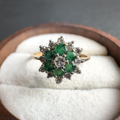 1980s Vintage 9ct Gold Emerald & Diamond Ring | Retro Cluster Flower Ring | Solid Gold Jewelry | May Birthstone Gift | English Hallmarked
