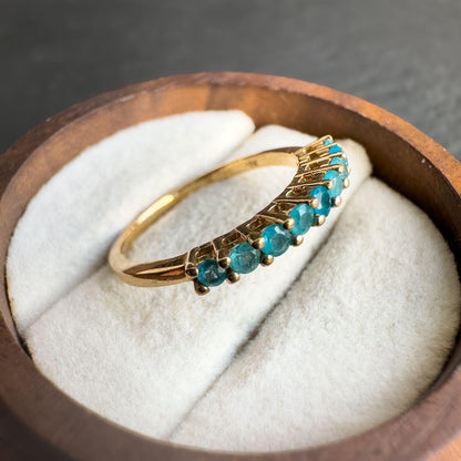 9ct Solid Gold Vintage | Apatite Half Eternity Ring | Stacking Ring | Teal Blue Gemstone Band | 9k Gold Apatite Ring | English Hallmarked
