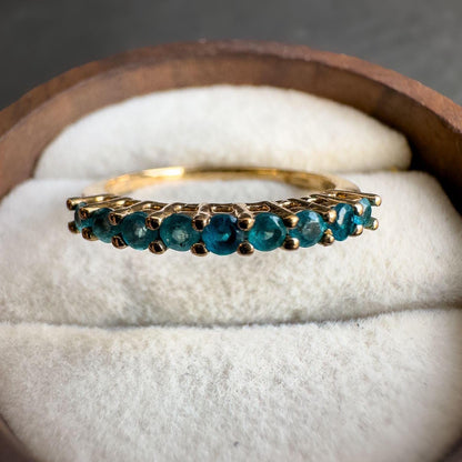 9ct Solid Gold Vintage | Apatite Half Eternity Ring | Stacking Ring | Teal Blue Gemstone Band | 9k Gold Apatite Ring | English Hallmarked