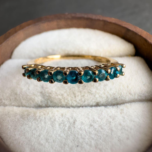 9ct Solid Gold Vintage | Apatite Half Eternity Ring | Stacking Ring | Teal Blue Gemstone Band | 9k Gold Apatite Ring | English Hallmarked