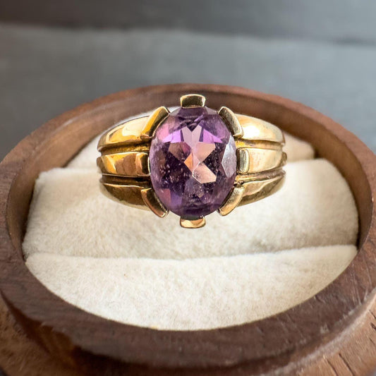 Vintage 9ct Solid Gold Amethyst Ring | Retro Oval Cut Jewelry | Statement Ring for Special Occasions | English Hallmarked | UK N - US 6.75 |