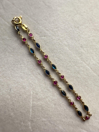Vintage 9ct Solid Gold Sapphire & Ruby Bracelet |Elegant Gold Link Bracelet |Retro Fine Jewelry |9K Gold Chain Bracelet | English Hallmarked