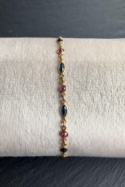 Vintage 9ct Solid Gold Sapphire & Ruby Bracelet |Elegant Gold Link Bracelet |Retro Fine Jewelry |9K Gold Chain Bracelet | English Hallmarked