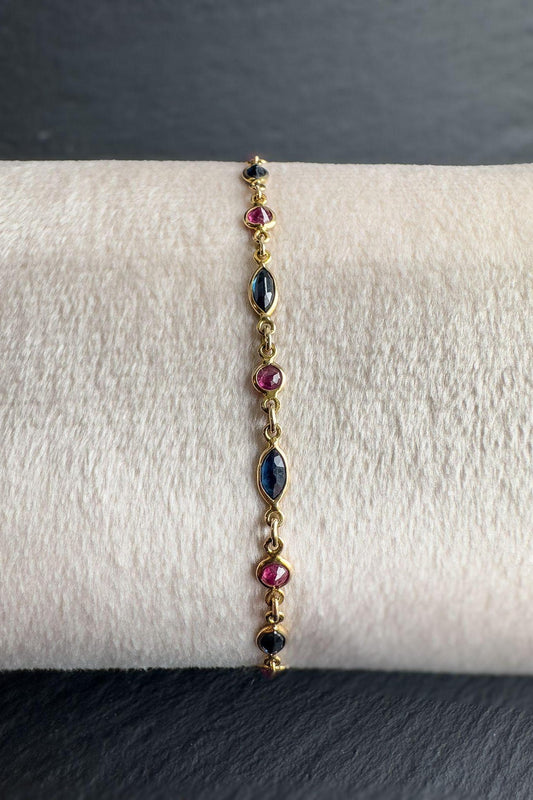 Vintage 9ct Solid Gold Sapphire & Ruby Bracelet |Elegant Gold Link Bracelet |Retro Fine Jewelry |9K Gold Chain Bracelet | English Hallmarked