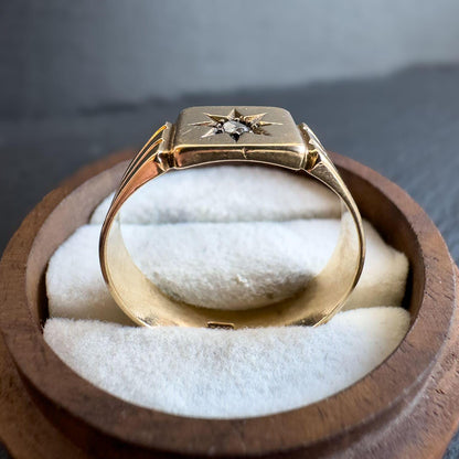 9ct Gold Diamond Star Ring | Vintage Unisex Signet Ring | Unique Gold Gypsy Ring | UK W - US 11 | Resizable | Retro Gold Jewelry |
