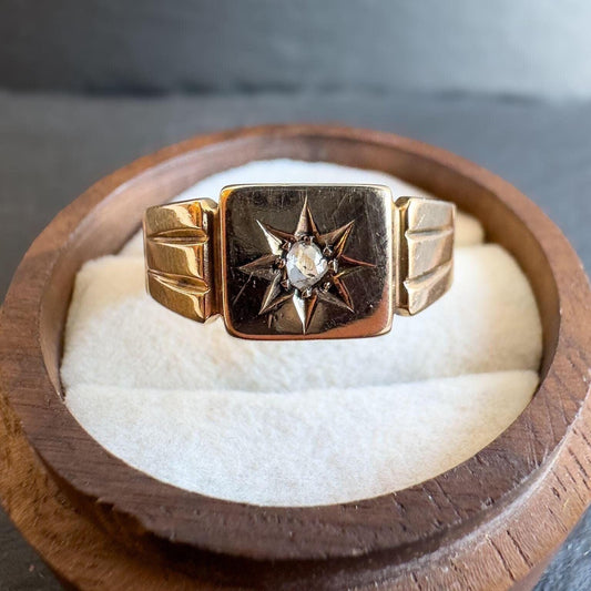 9ct Gold Diamond Star Ring | Vintage Unisex Signet Ring | Unique Gold Gypsy Ring | UK W - US 11 | Resizable | Retro Gold Jewelry |