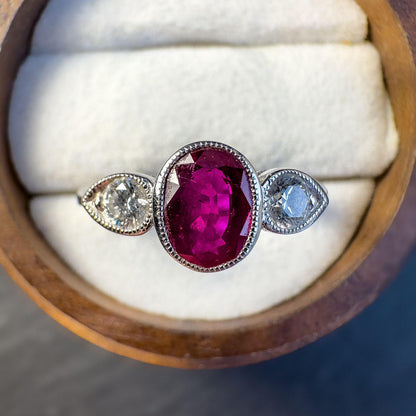 Stunning 18ct Solid White Gold Ruby and Diamond Ring | Art Deco-Inspired Jewelry | Unique Engagement Ring | UK N - US 7 |