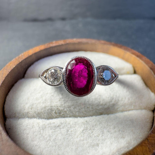 Stunning 18ct Solid White Gold Ruby and Diamond Ring | Art Deco-Inspired Jewelry | Unique Engagement Ring | UK N - US 7 |