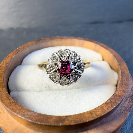 18ct Solid Gold Ruby and Diamond Cluster Ring | Vintage Floral Design | Unique Art Deco-Inspired Jewelry | English Hallmarks | UK N - US 7 |