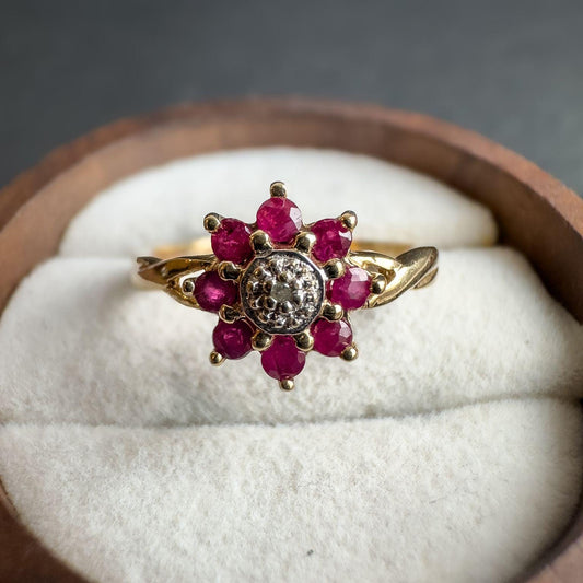 Vintage 9ct Solid Gold Ruby & Diamond Cluster Ring | Vintage Ruby and Diamond Flower Ring | 9ct Gold Jewelry | English Hallmarked | UK L |