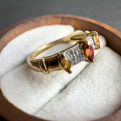 9ct Solid Gold Vintage Citrine and Ruby Ring | Art Deco Inspired Gemstone Band | English Hallmarked | UK N - US 6.75 | Resizable |