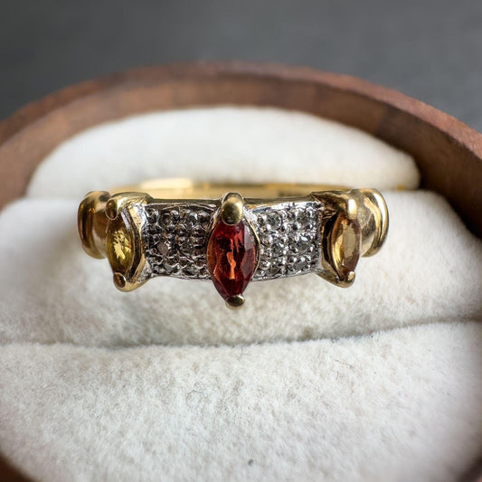 9ct Solid Gold Vintage Citrine and Ruby Ring | Art Deco Inspired Gemstone Band | English Hallmarked | UK N - US 6.75 | Resizable |