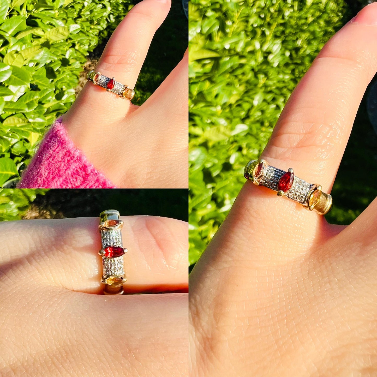 9ct Solid Gold Vintage Citrine and Ruby Ring | Art Deco Inspired Gemstone Band | English Hallmarked | UK N - US 6.75 | Resizable |